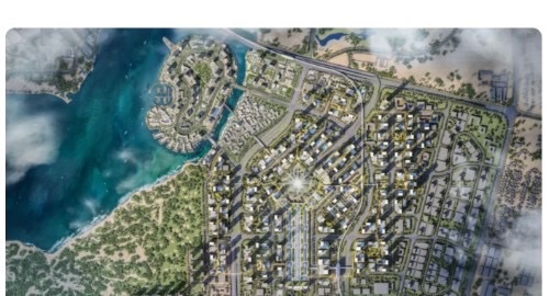 Aerial masterplan rendering of Dubai Creek Harbour showing towers, lagoons, marina and circular plaza