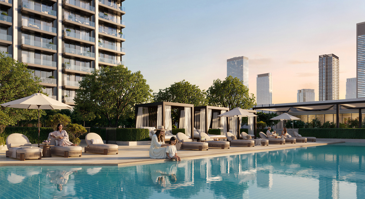 Adult swimming pool, loungers and cabanas at Valia