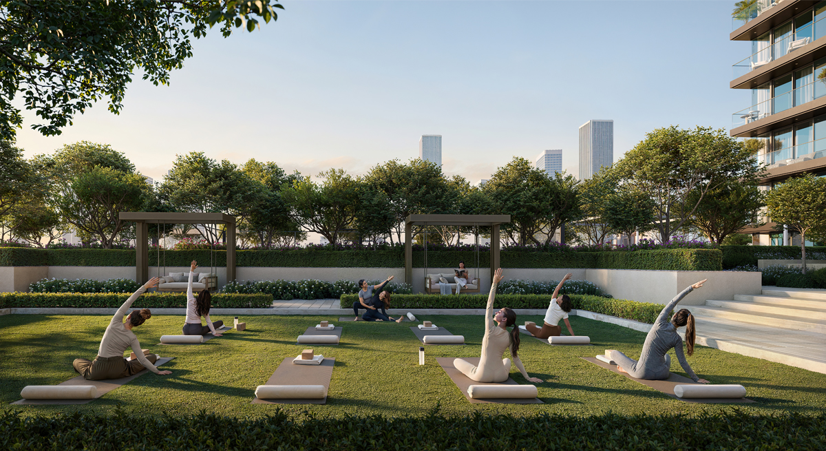 Yoga deck on the landscaped communal lawn