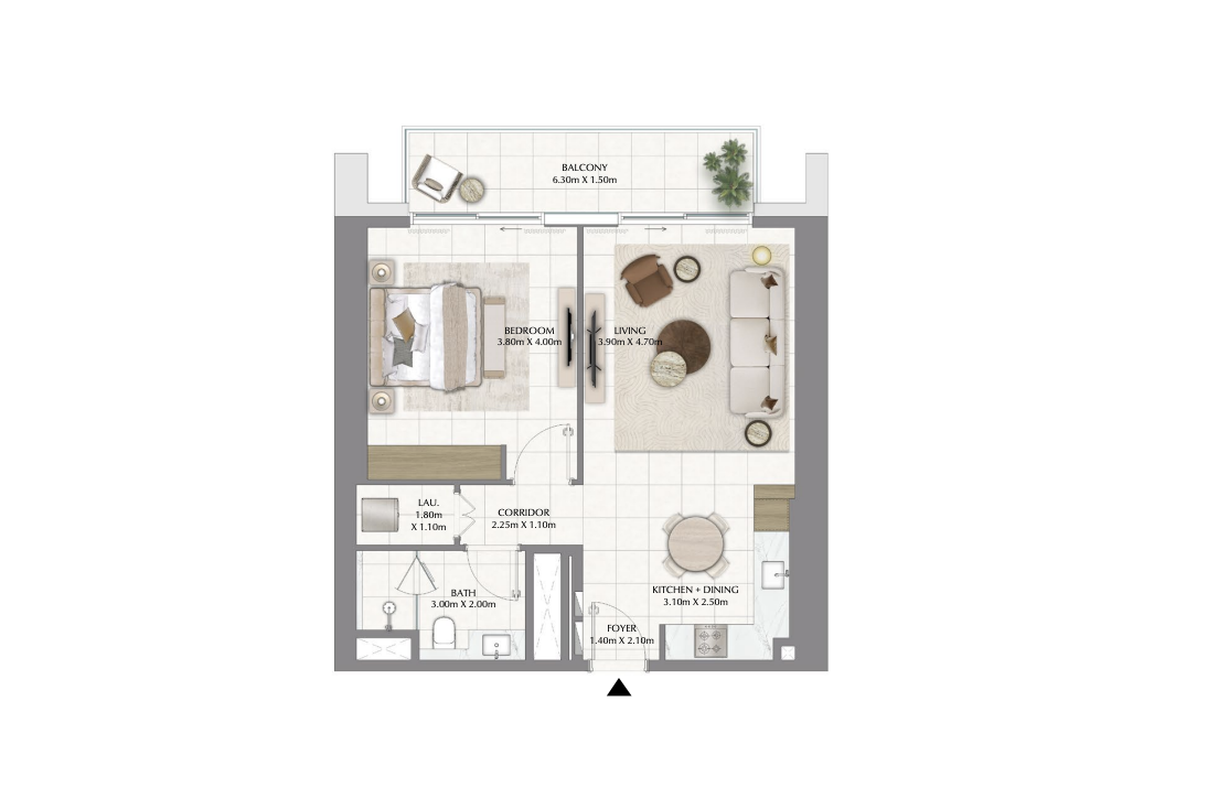 Typical 1-bedroom apartment floor plan at Valia