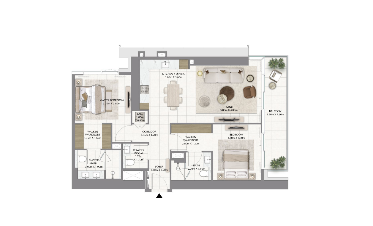 Typical 2-bedroom apartment floor plan at Valia