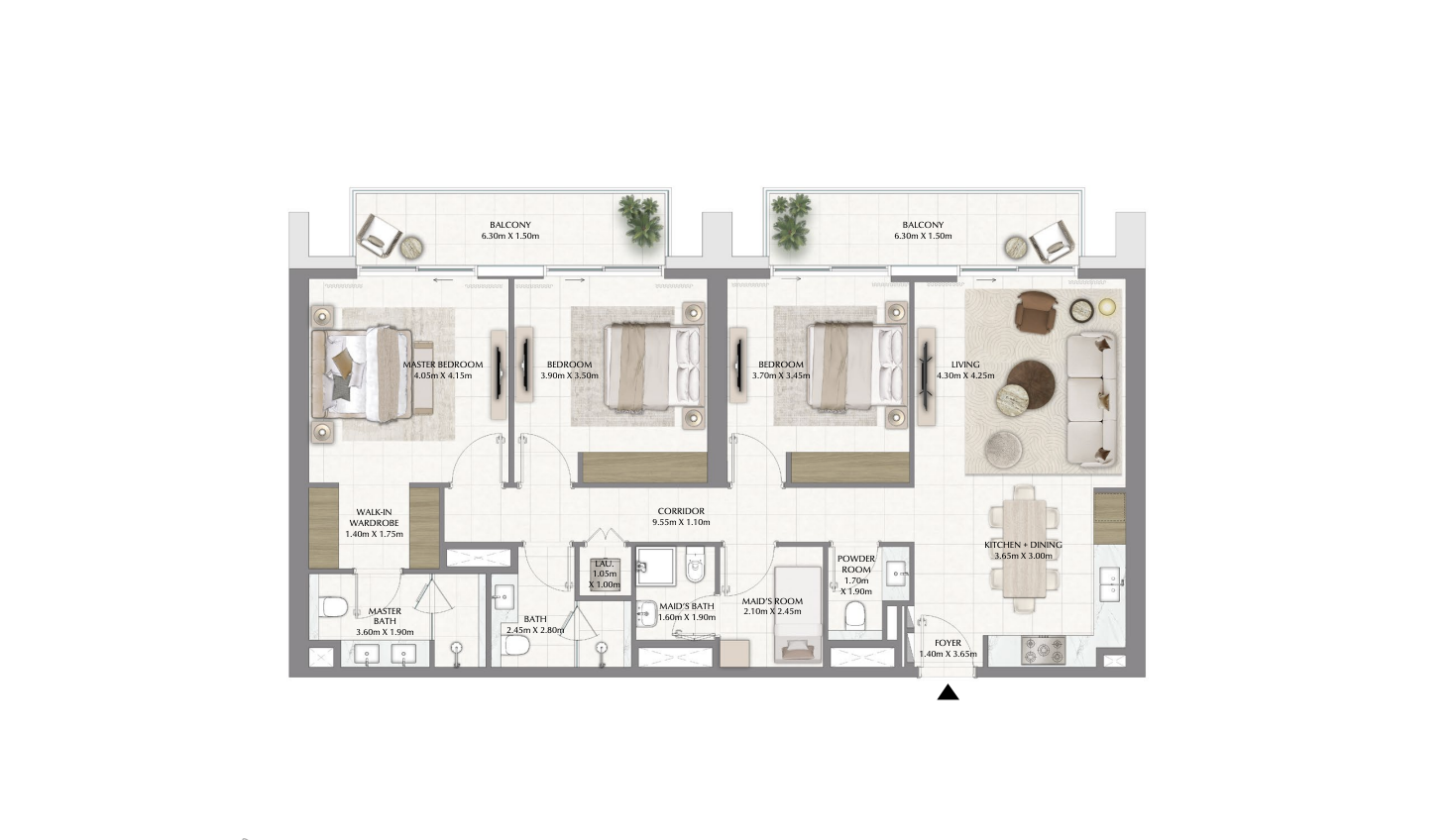 Typical 3-bedroom apartment floor plan at Valia