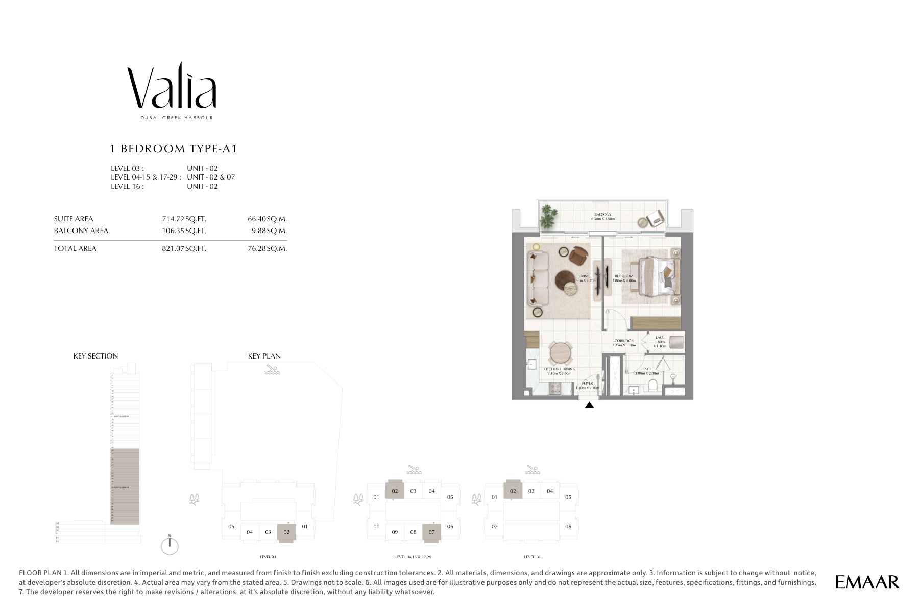 Valia 1-bedroom Type A1 floor plan, 821 sq ft