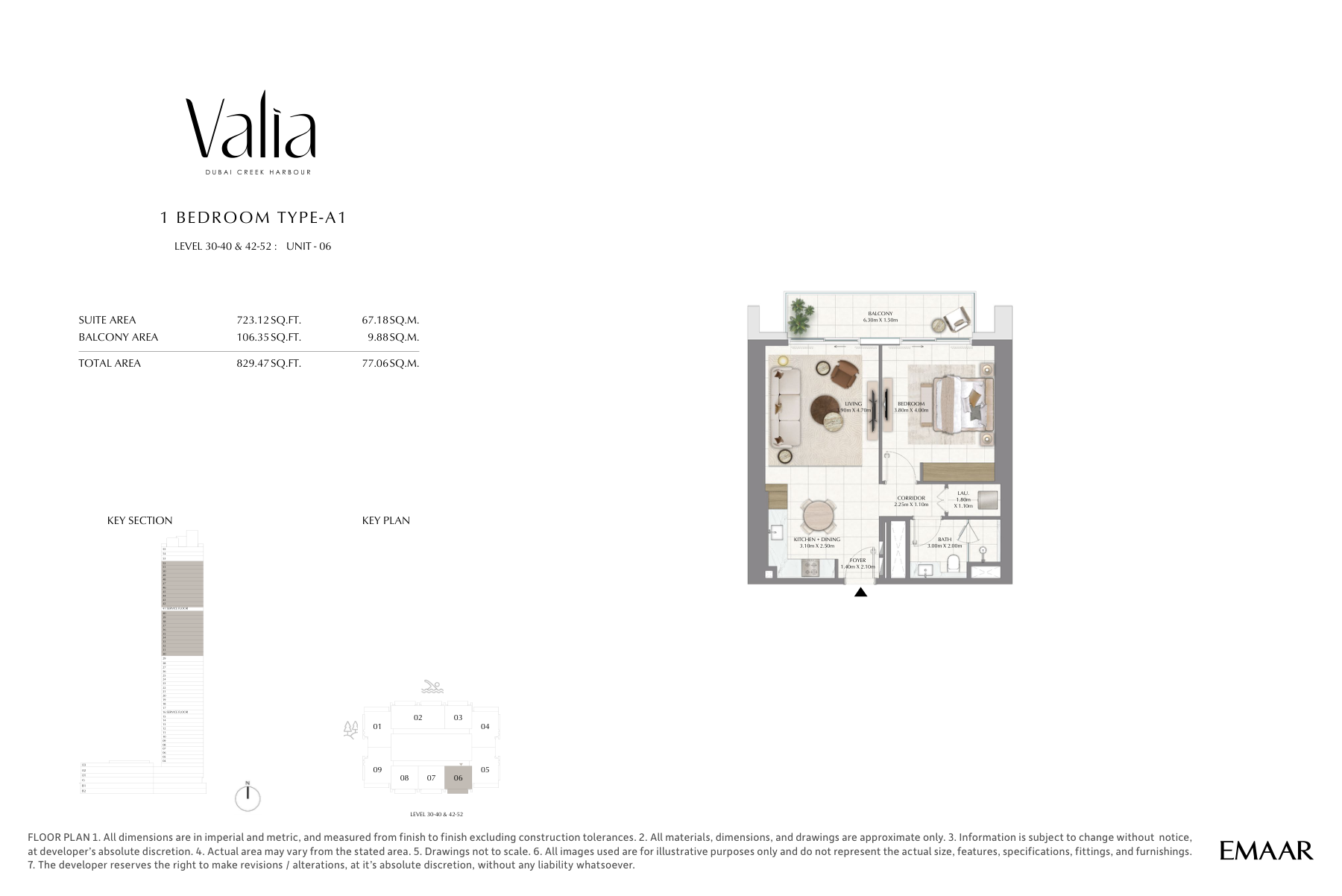 Valia 1-bedroom Type A1 upper-level floor plan, 829 sq ft