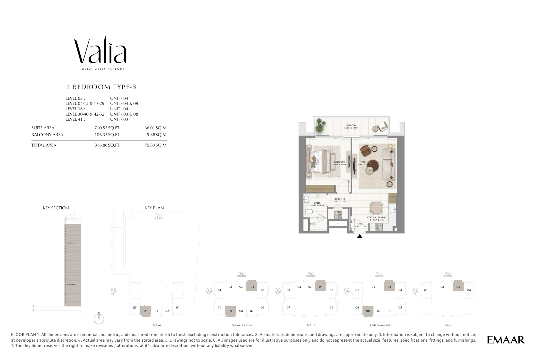 Valia 1-bedroom Type B floor plan, 817 sq ft