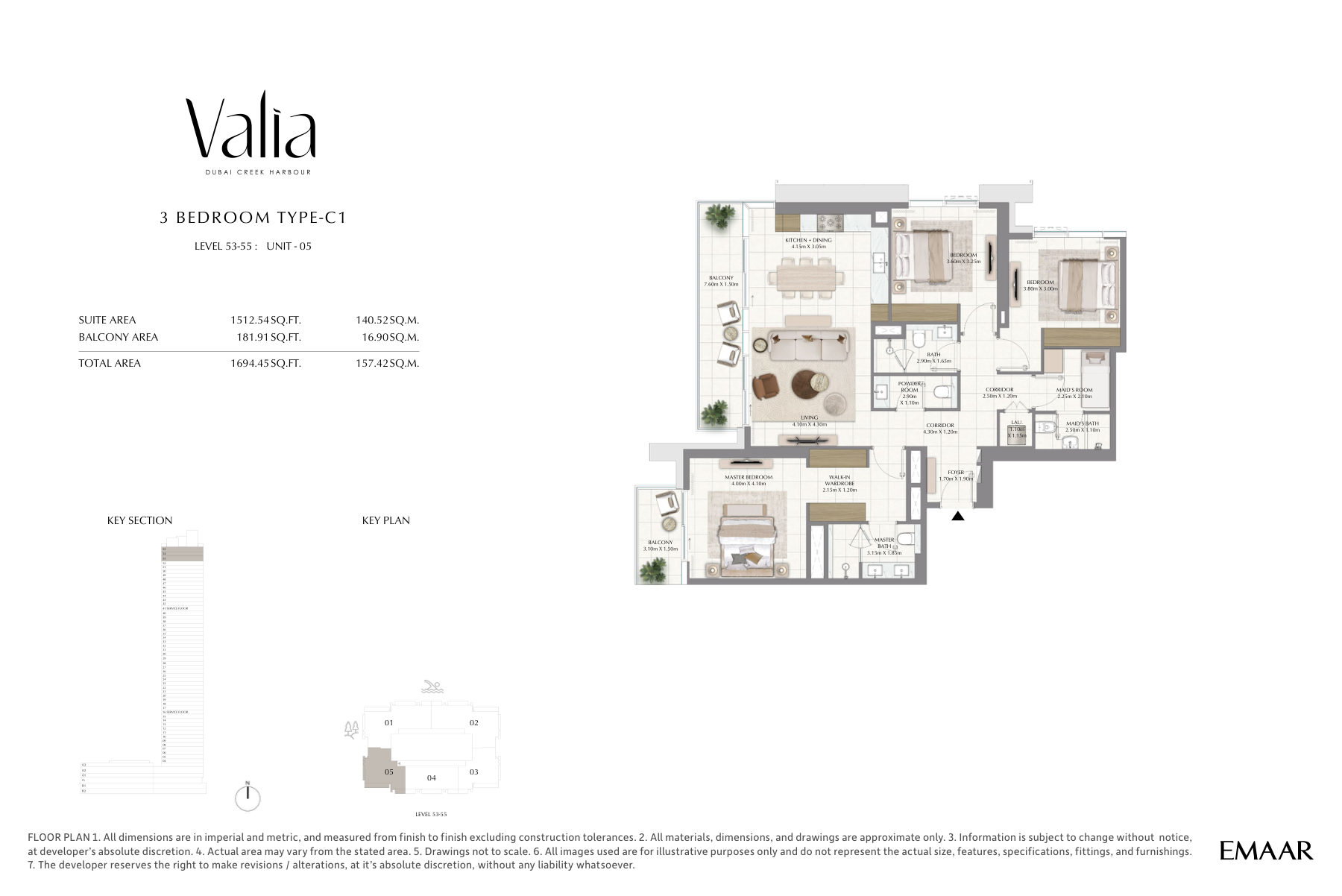 Valia 3-bedroom Type C1 floor plan, 1,694 sq ft