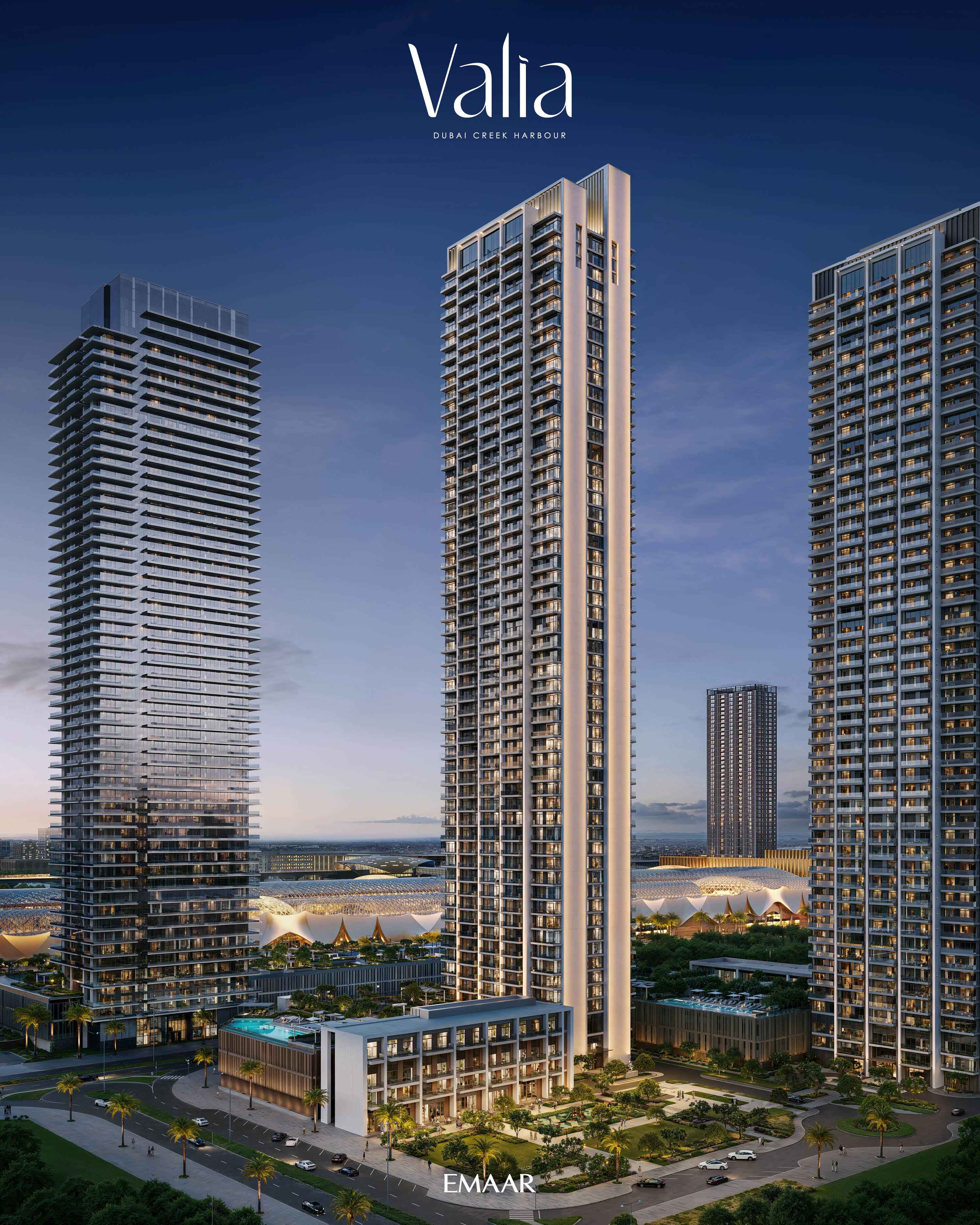 Valia towers at Dubai Creek Harbour at dusk