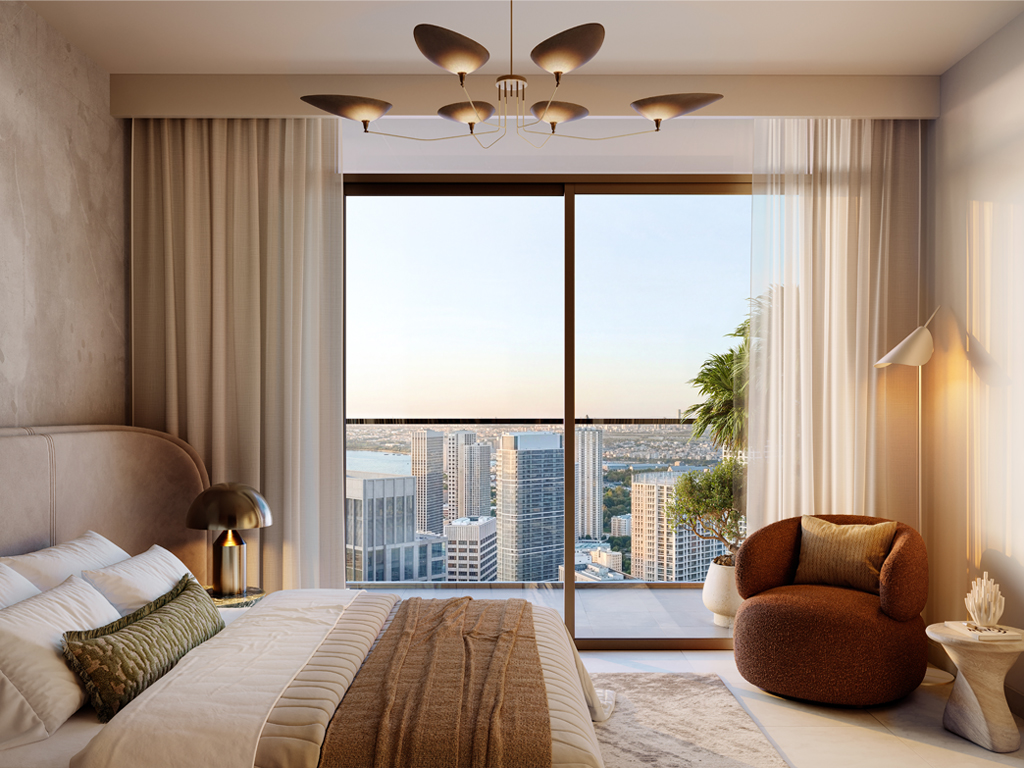 Bedroom interior with balcony views of Dubai Creek Harbour