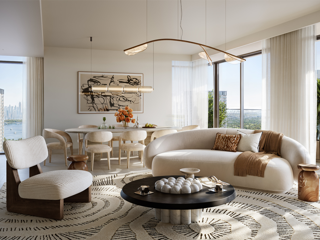 Open-plan living and dining interior at Valia